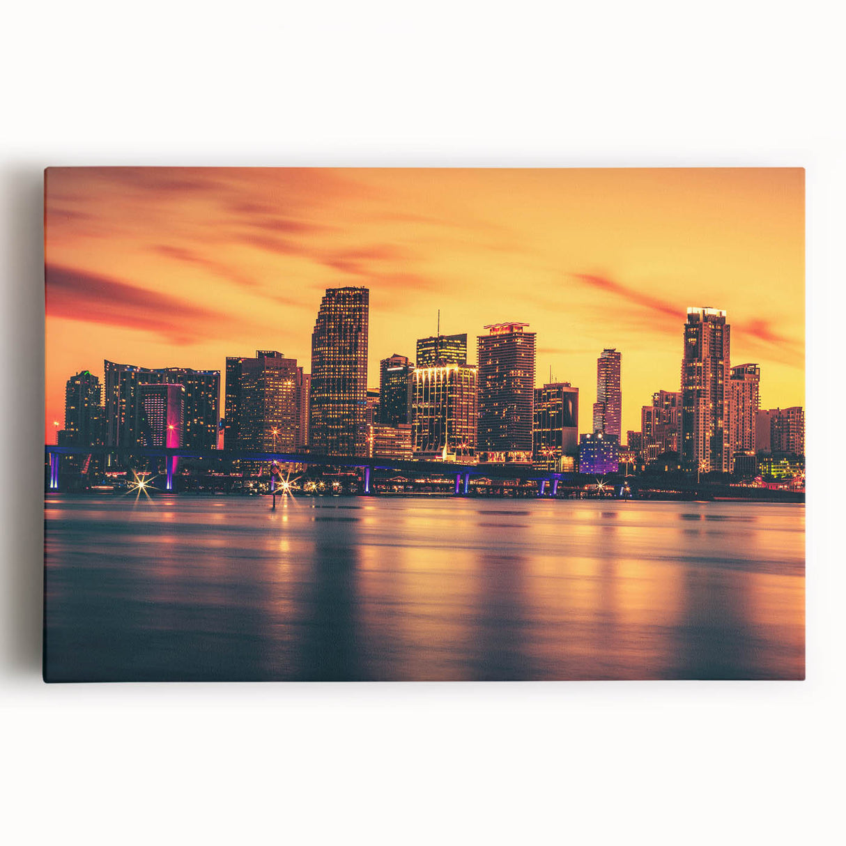 Black and white print of Miami skyline on large stretched canvas, ideal for kitchen wall art.