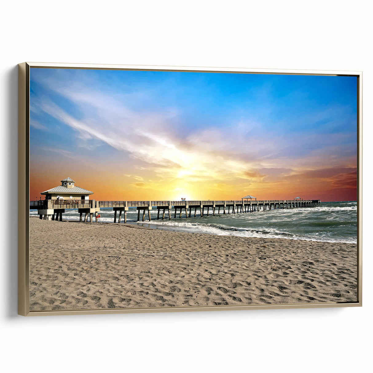 Framed canvas depicting a vintage-style Florida Palm Beach landscape in muted gold and black tones.