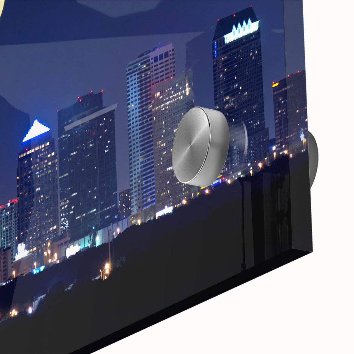 Large abstract depiction of Tampa skyline in muted blue and green on acrylic glass, ideal for dining room art.