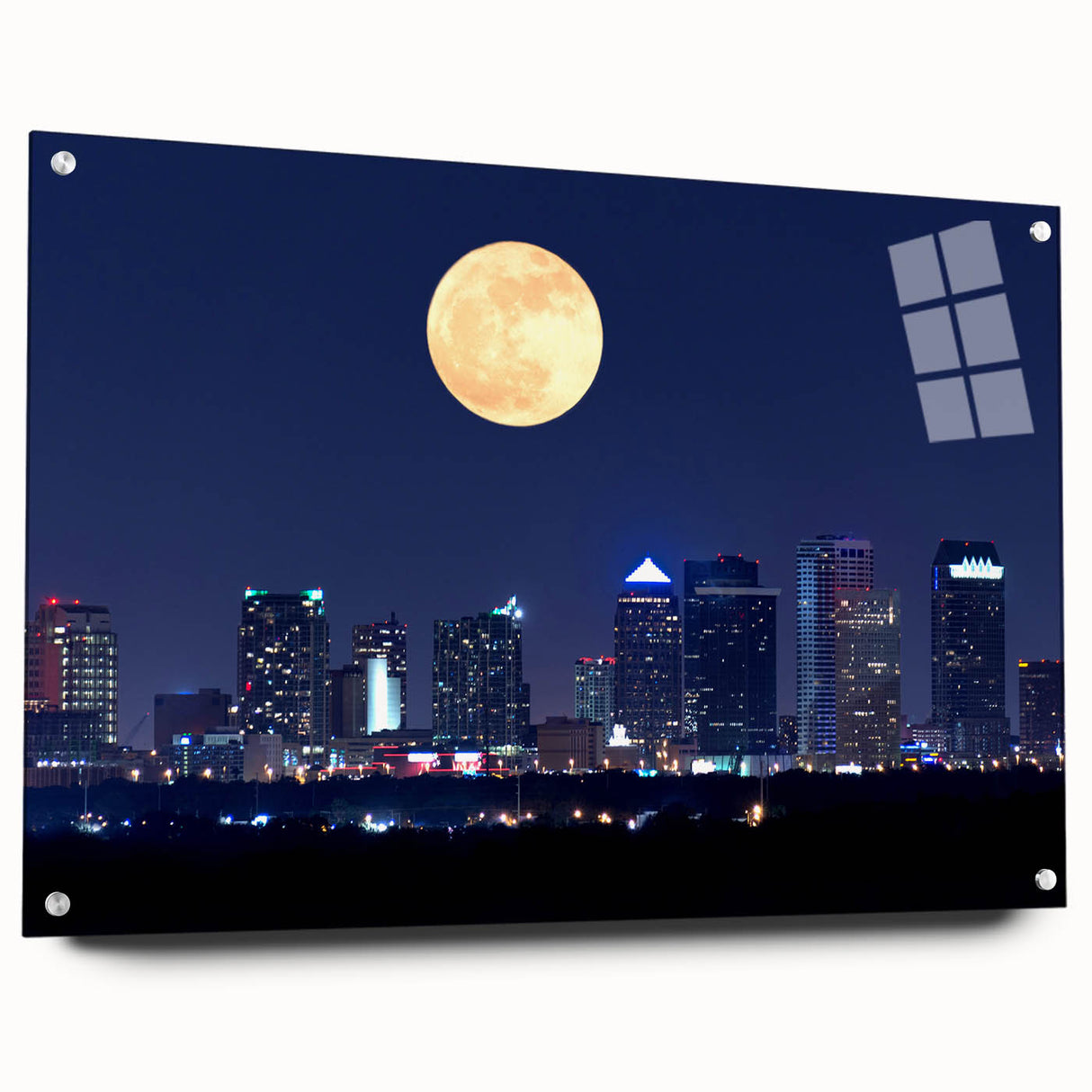 Acrylic print of Tampa skyline in muted blues and grays, suitable for dining room or bedroom decor.