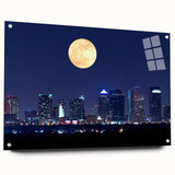 Acrylic print of Tampa skyline in muted blues and grays, suitable for dining room or bedroom decor.