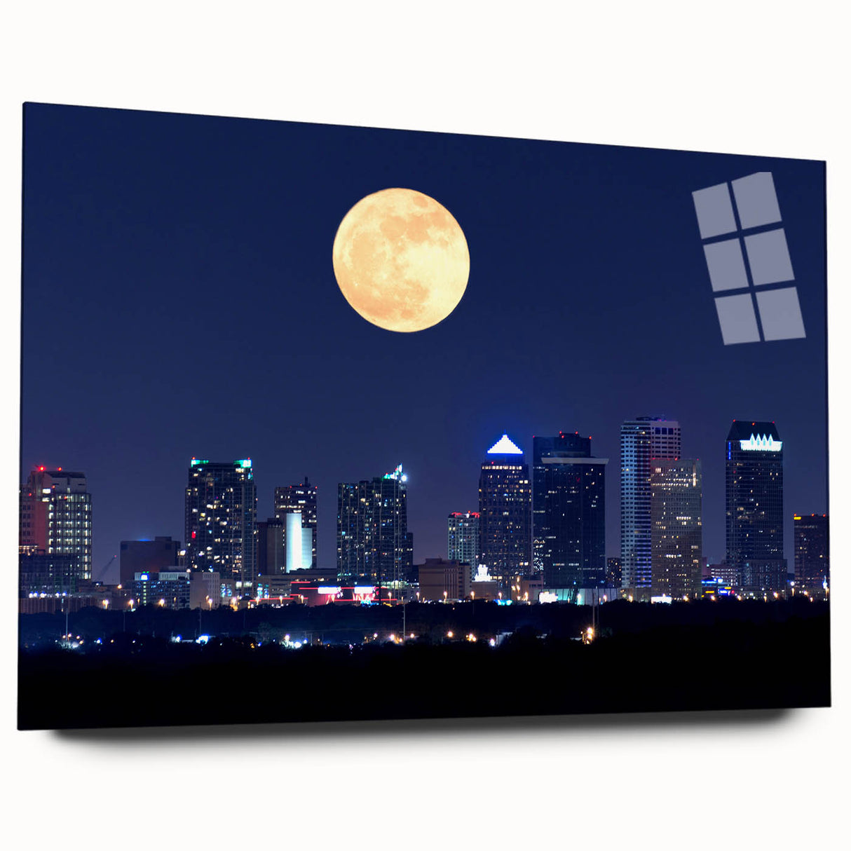 Acrylic print of large abstract Tampa skyline in muted blue and gray tones, suitable for bedroom or dining room art.