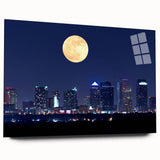 Acrylic print of large abstract Tampa skyline in muted blue and gray tones, suitable for bedroom or dining room art.