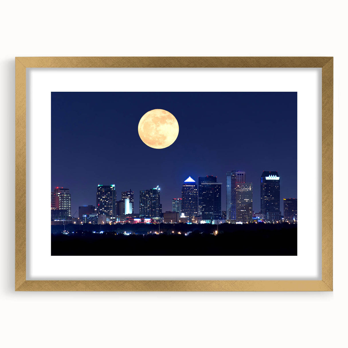 Extra large abstract art print of Tampa scenery in textured gold frame, featuring muted earth tones.