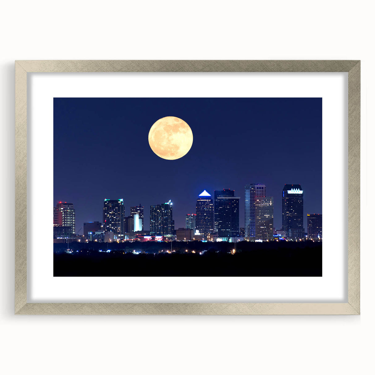 Textured abstract art print of Tampa scenery in muted blue and green tones on a framed canvas, ideal for bedroom art.