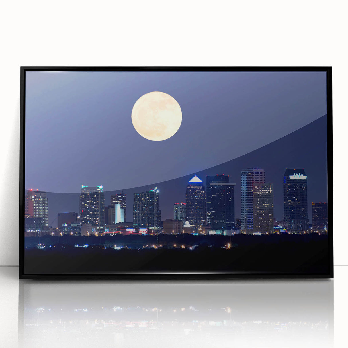 Large abstract wall art depicting the Tampa skyline in muted gray and blue tones on a framed acrylic print.