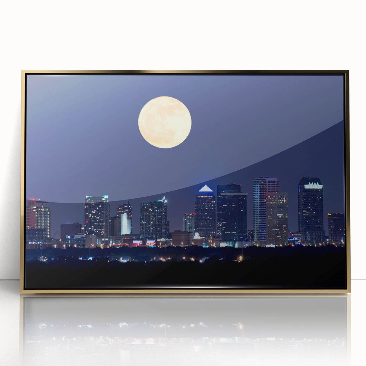 Acrylic print of Tampa skyline with gold frame, mid-century modernist style, suitable for modern art wall decor.