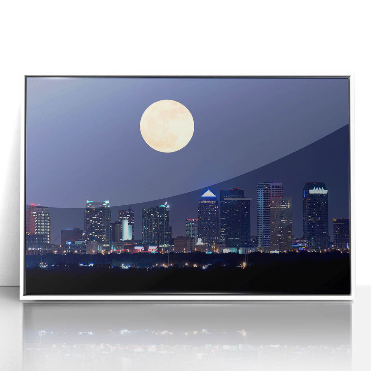 Framed acrylic print of Tampa skyline in art deco style with pastel color palette, ideal for modern nursery wall art.