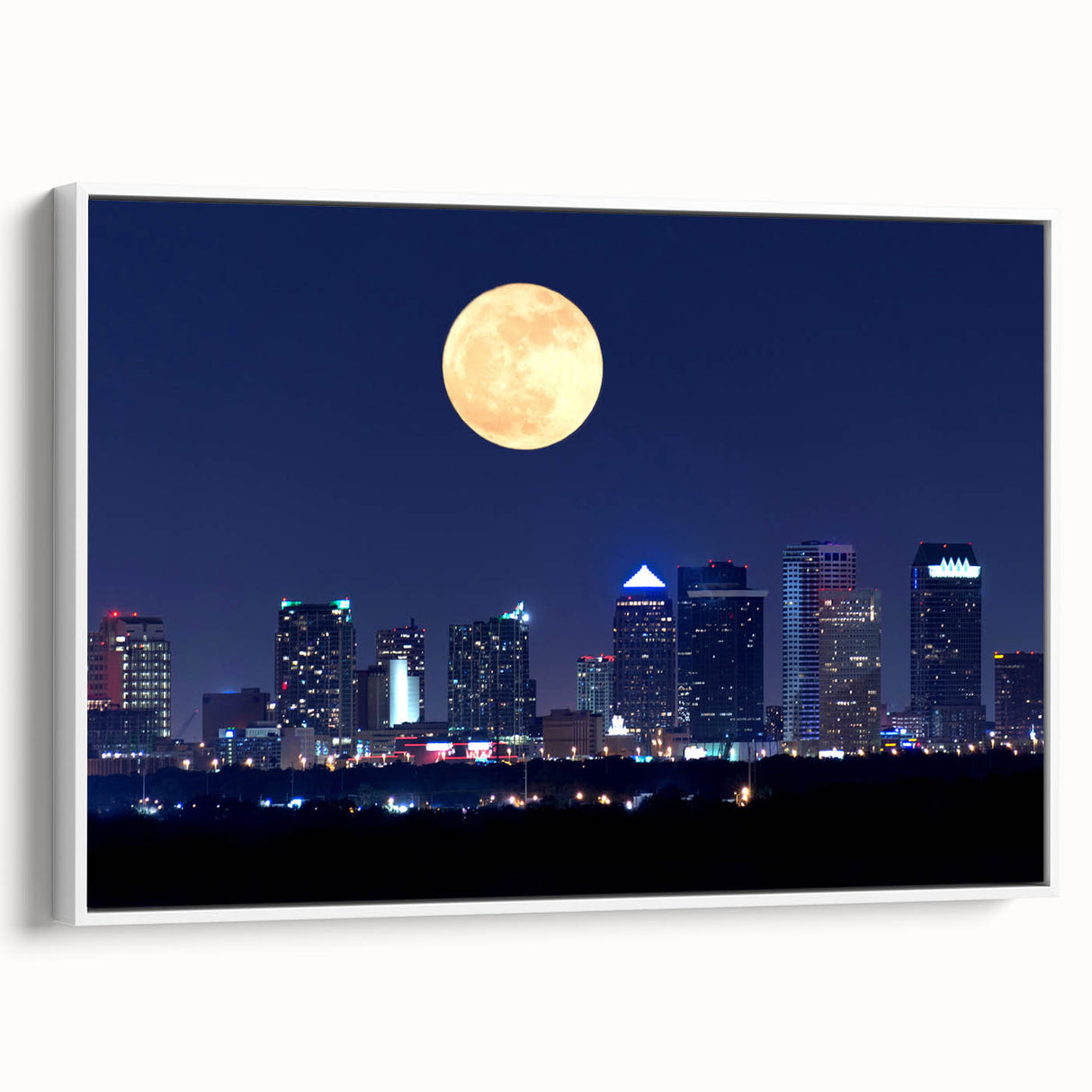 Vintage poster art of Tampa scenery on extra large framed canvas in colorful hues, ideal for living room decor.