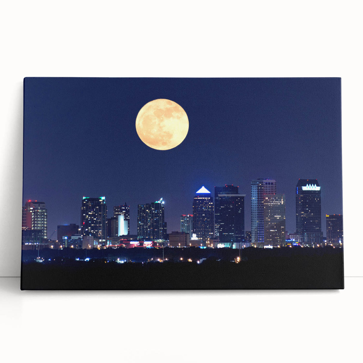 Black and white large art print of Tampa skyline on stretched canvas, ideal for kitchen wall art or bedroom decor.