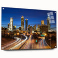 Acrylic print of Atlanta skyline in muted gray and blue tones, suitable for bedroom or dining room decor.