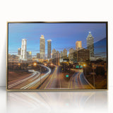 Framed acrylic print of the Atlanta skyline in gold and black tones, suitable for modern art wall decor.
