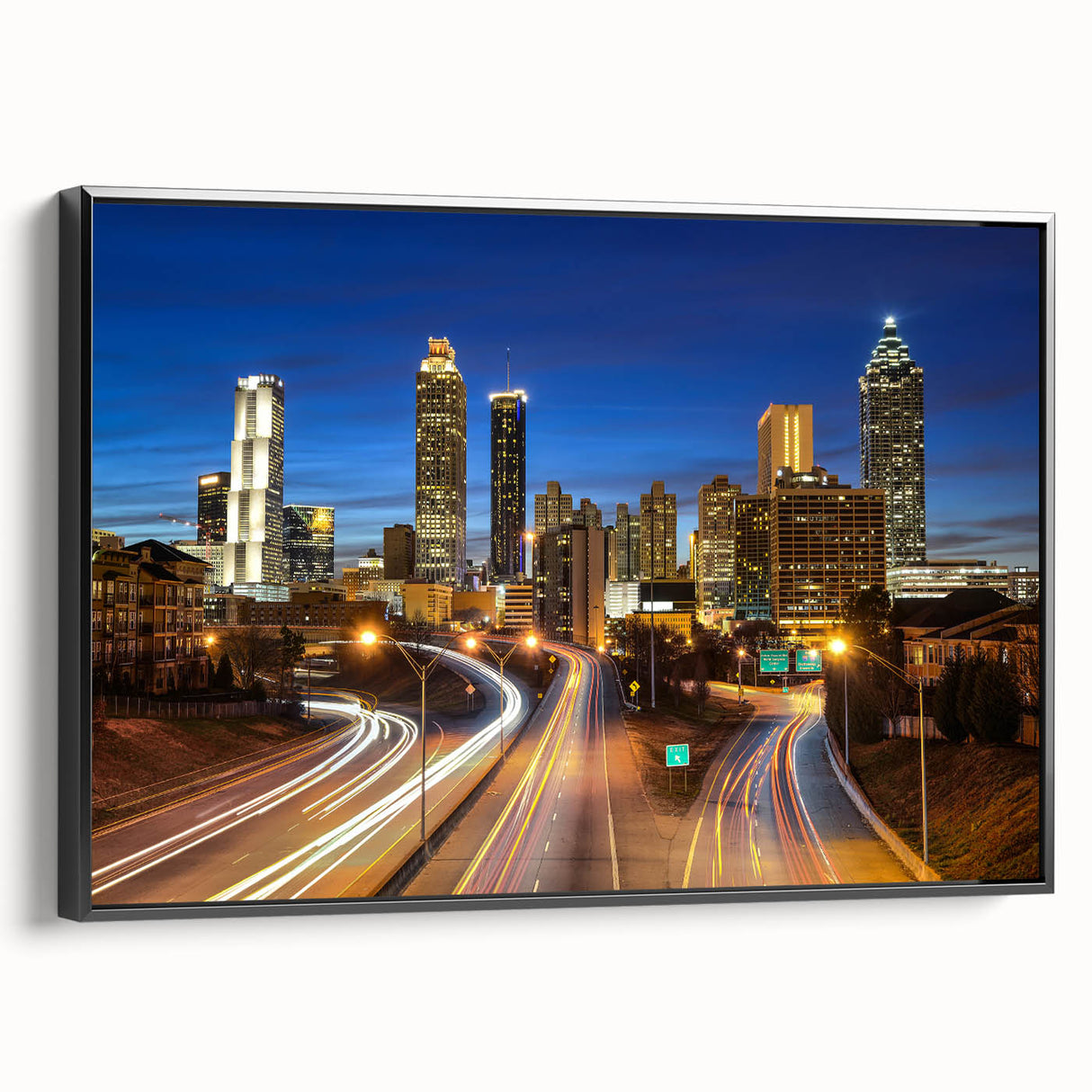 Black and white framed canvas of Atlanta skyline, ideal for bedroom wall art.
