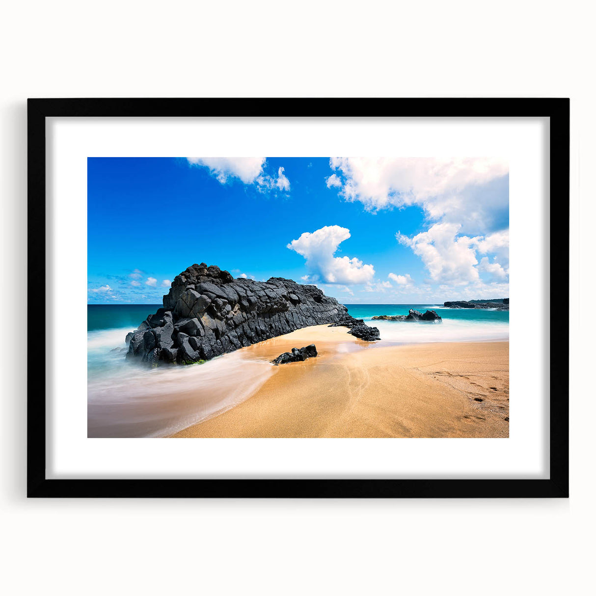 Extra large textured abstract art print of vibrant, colorful Kauai scenery on a framed black mat.