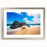 Textured art print of abstract Kauai scenery in muted green and blue tones, framed in silver, ideal for bedroom art.