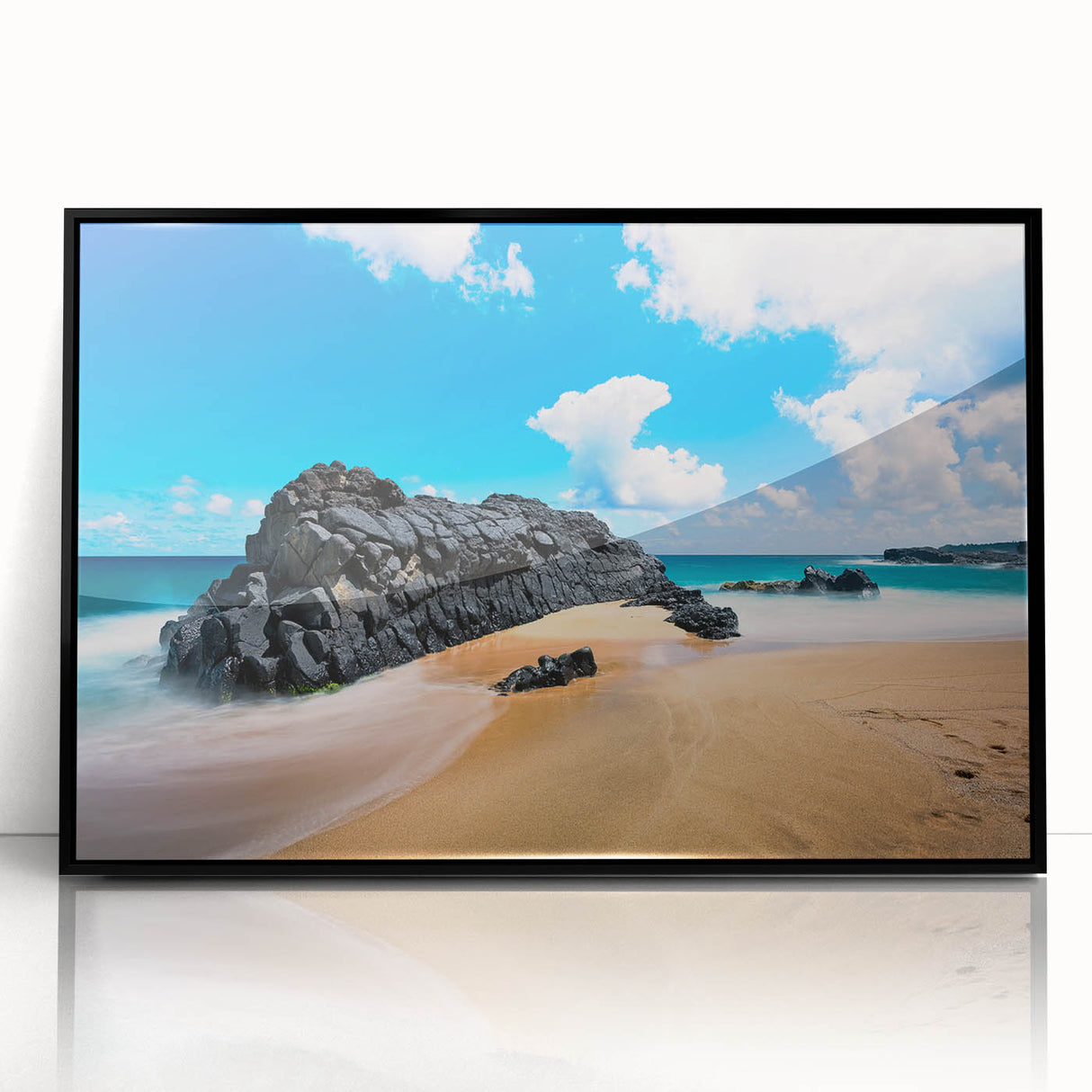 Large abstract wall art featuring a vibrant depiction of Kauai’s landscape on a black framed acrylic.