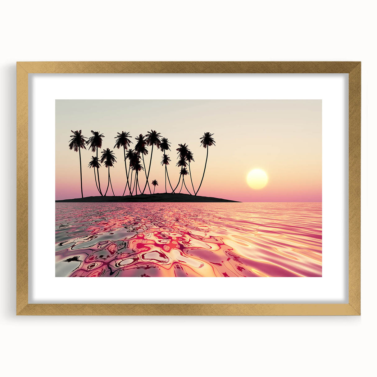 Extra large framed abstract art print depicting a textured Maui scenery in muted gold and blue tones.