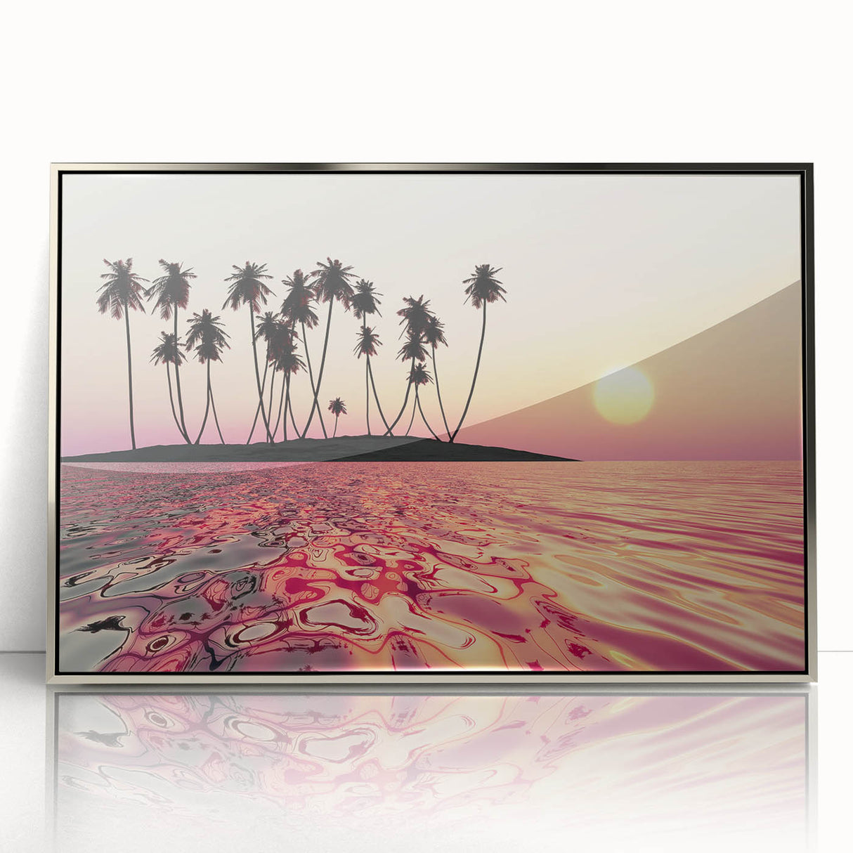 Mid-century modernist art depicting a Hawaiian landscape in muted earth tones on a silver framed acrylic.