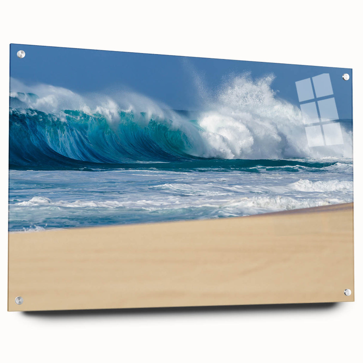 Acrylic glass print of Oahu, Hawaii, featuring vivid ocean and sky tones, ideal for dining room decor.