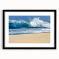 Extra large colorful abstract art print of Oahu scenery in textured style, framed with a black mat.