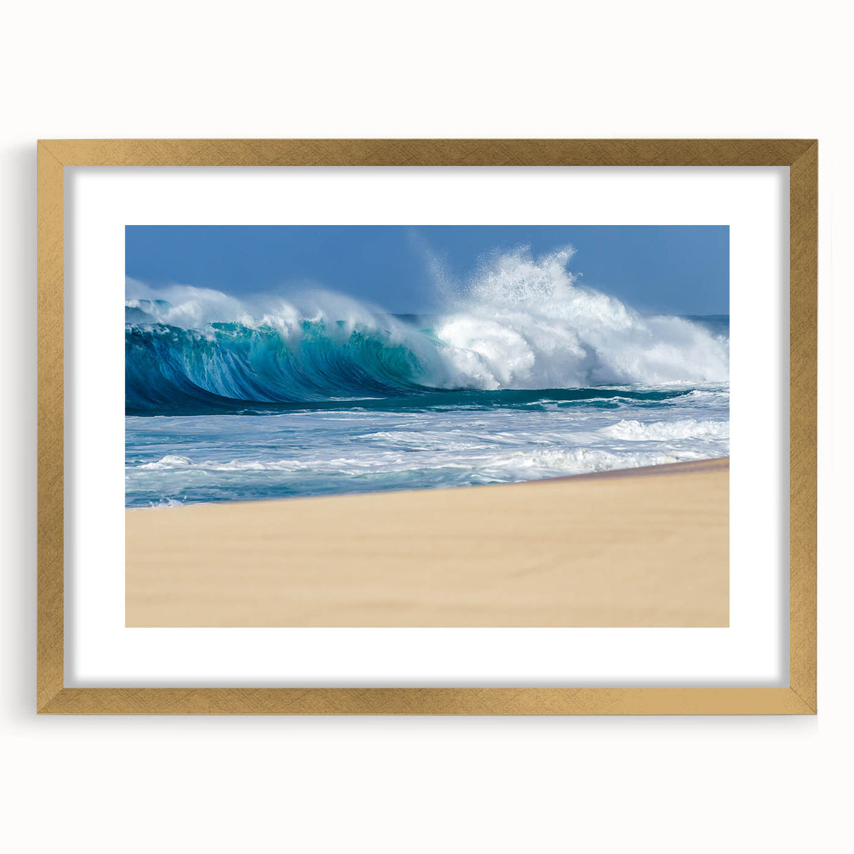 Extra large abstract art print of a textured Hawaiian Oahu landscape in muted earth tones, framed with a gold mat.