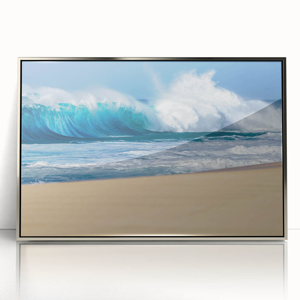 Mid-century modernist art depicting Oahu, Hawaii, in vibrant blue and green tones on a framed acrylic print.