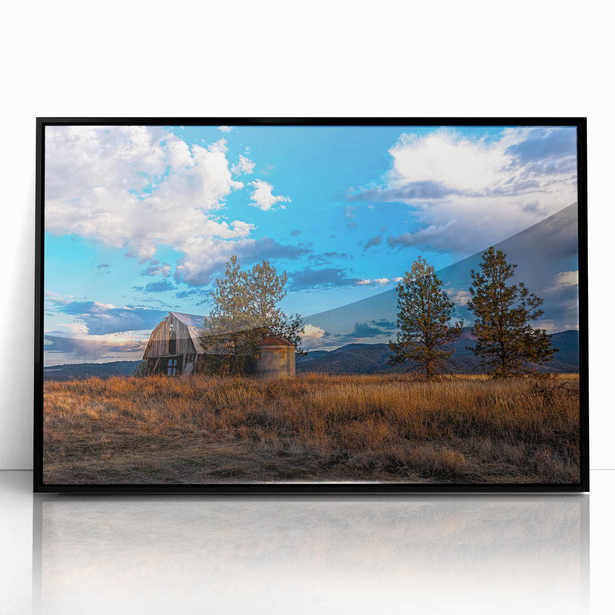 Large abstract wall art depicting vibrant Idaho scenery in mid-century modernist style, framed in black acrylic.