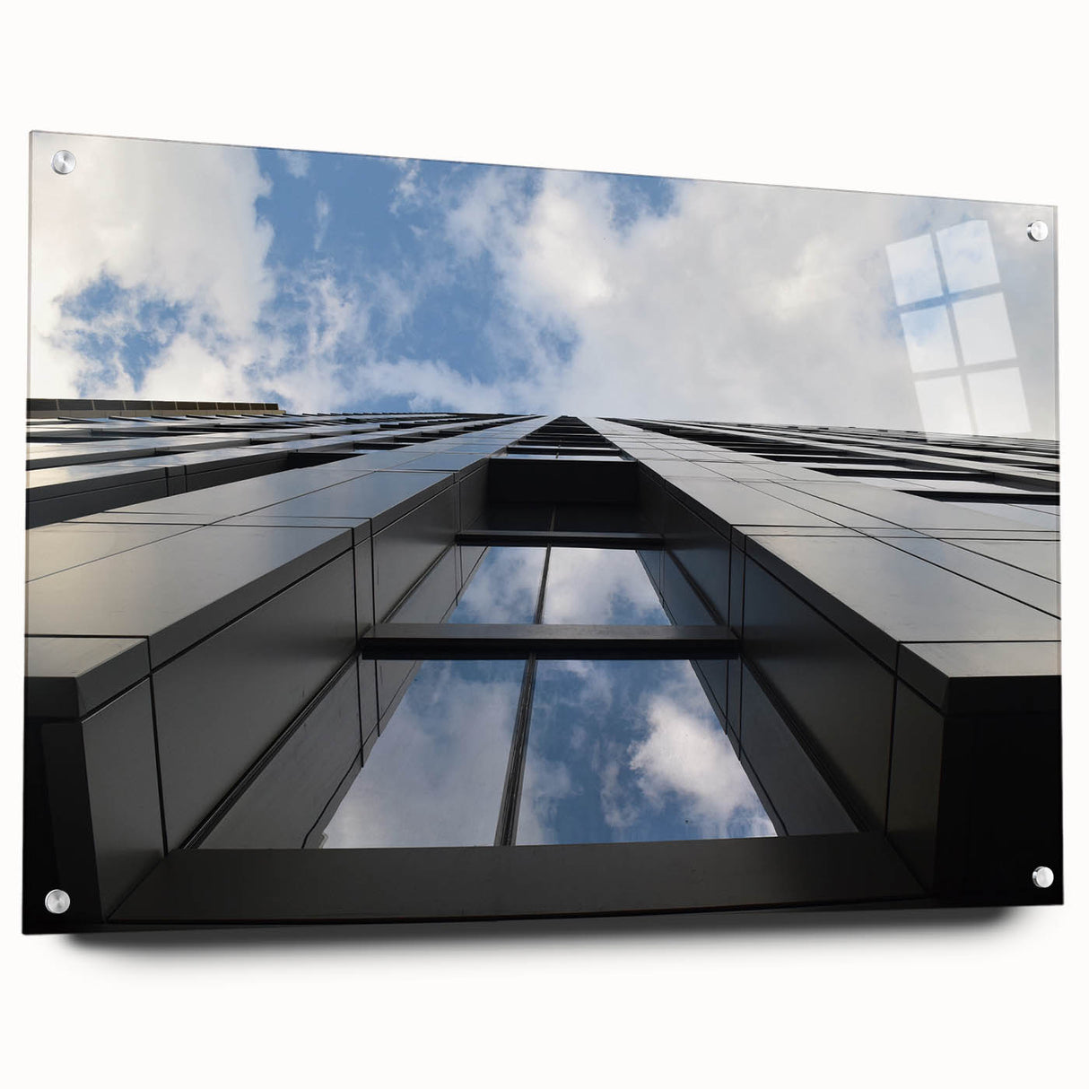 Acrylic print of a large abstract depiction of the Chicago skyline in muted blue and gray tones.