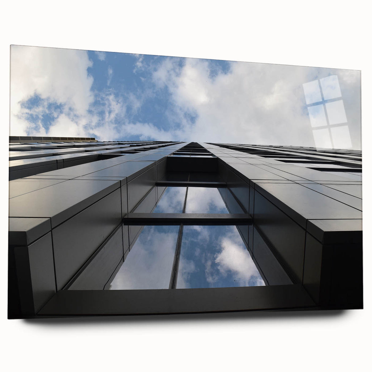 Acrylic print of a large abstract depiction of the Chicago skyline in muted blue and gray tones.