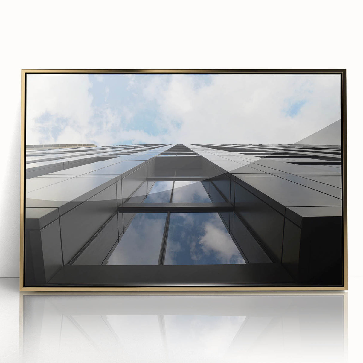Framed acrylic print of Chicago skyline in gold and blue tones, ideal for modern art wall decor.