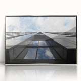 Mid-century modernist art depicting the Chicago skyline in muted silver tones on a framed acrylic print.