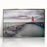 Mid-century modernist art of Lake Michigan with muted blue tones on a framed acrylic, suitable for modern art wall decor.