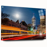 Acrylic print of a large abstract depiction of the Indianapolis skyline in cool blue and gray tones.