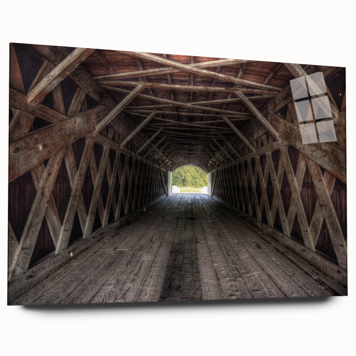 Large abstract wall art depicting a serene Iowa landscape in soft blue and green tones, printed on acrylic glass.