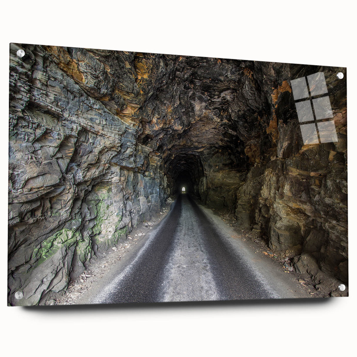 Acrylic glass print of a large abstract depiction of Kentucky scenery, in muted earth tones.