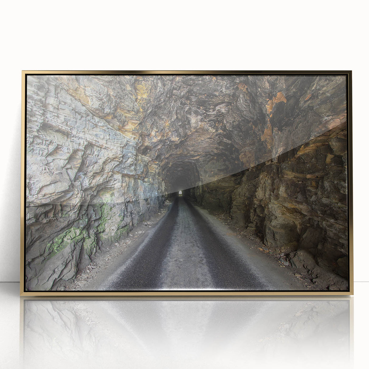 Acrylic print of a Kentucky landscape with muted earth tones, framed in gold, suitable for modern art wall decor.