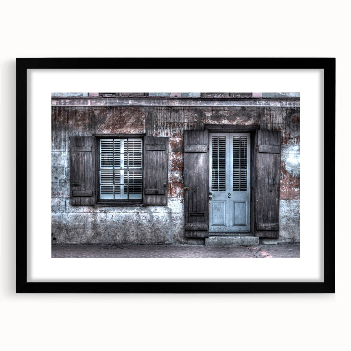 Extra large abstract art print of colorful New Orleans scenery, textured finish on framed black mat.