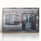Acrylic print of New Orleans scenery in mid-century modernist style with gold frame, suitable for modern art wall decor.