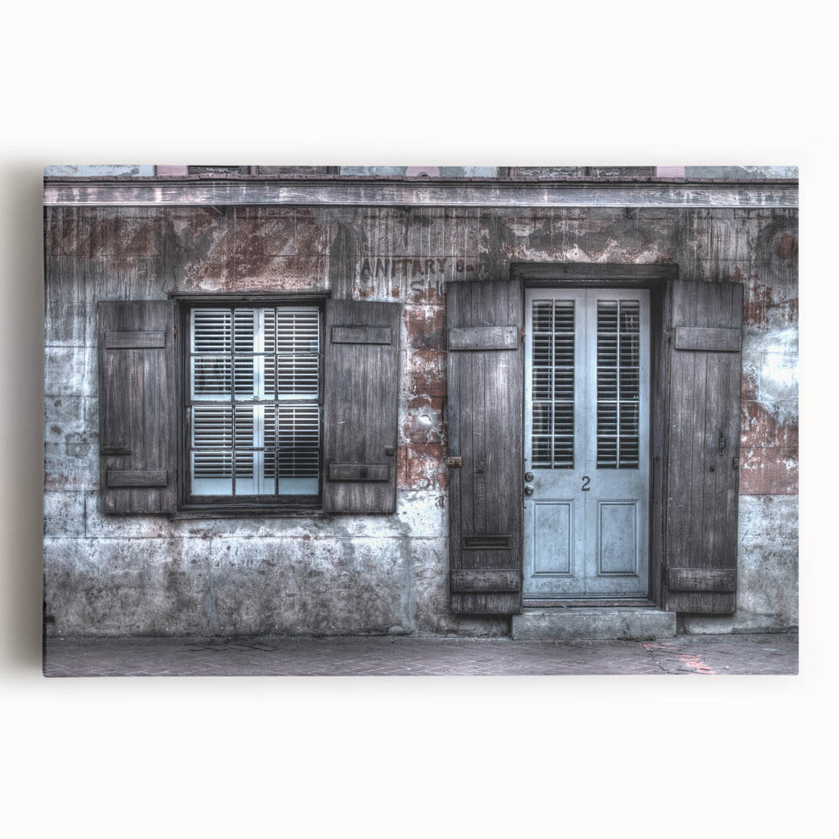 Black and white print of New Orleans scenery on stretched canvas, suitable for kitchen wall art.