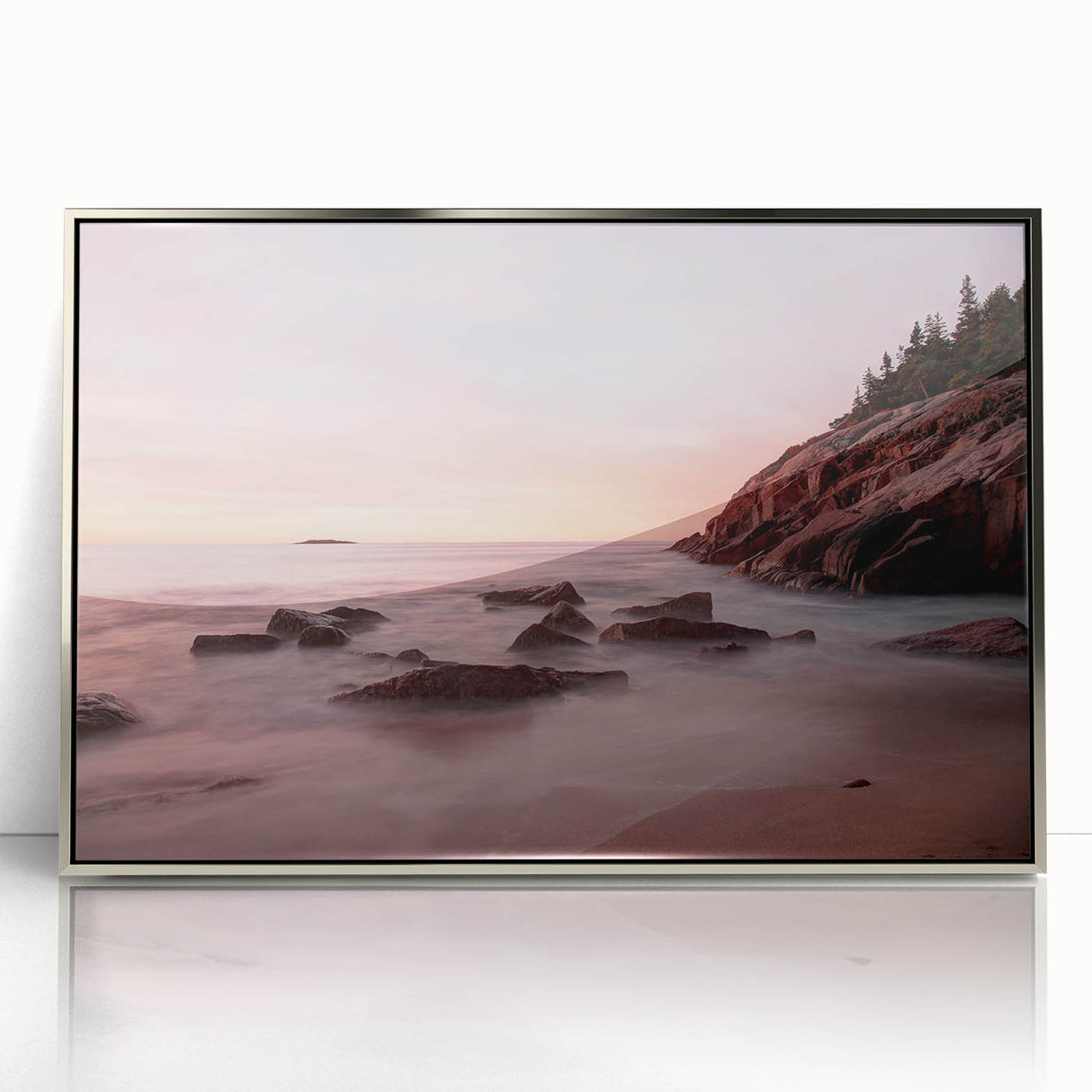 Mid-century modernist art depicting Acadia National Park in muted earth tones on a framed acrylic panel.