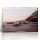 Mid-century modernist art depicting Acadia National Park in muted earth tones on a framed acrylic panel.