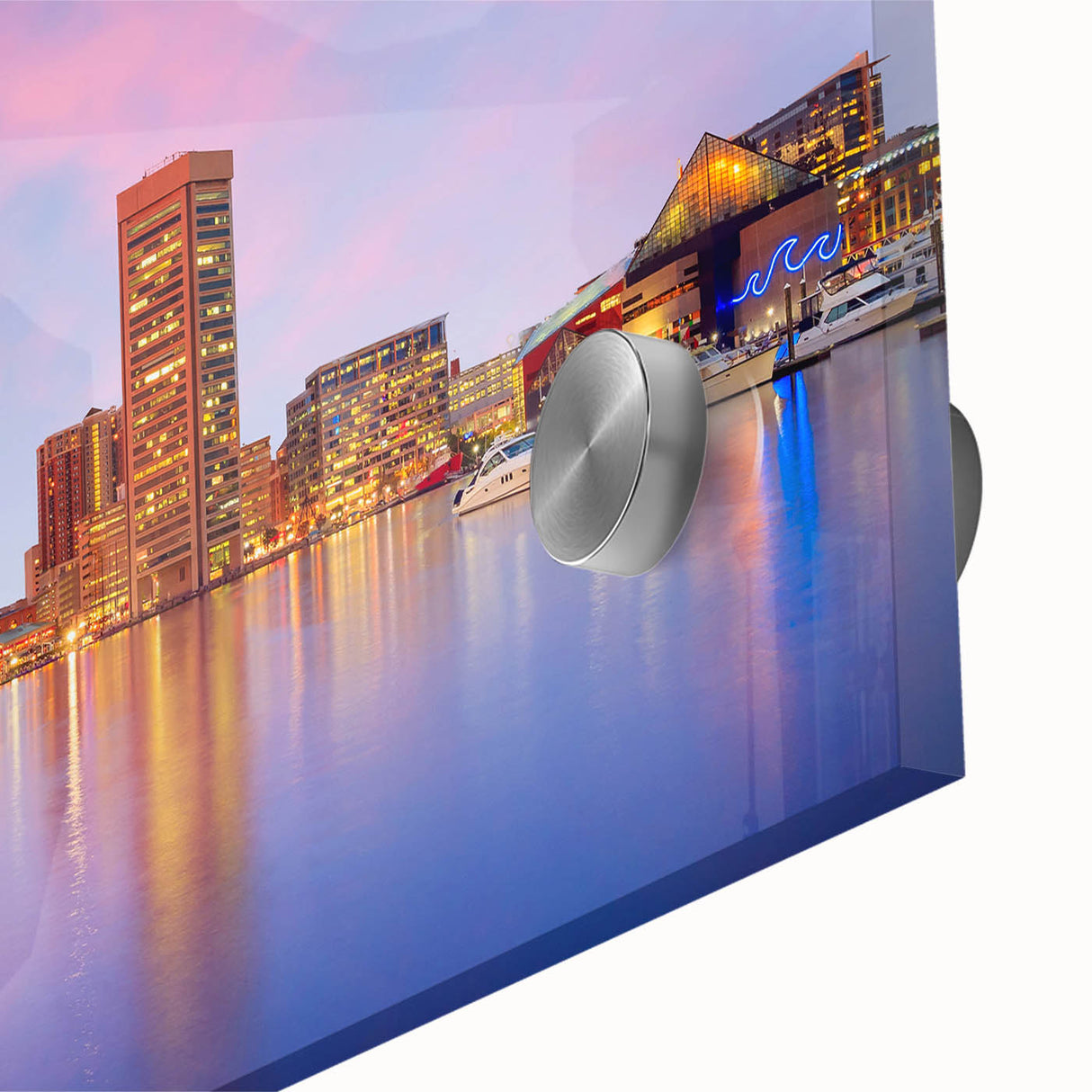 Large abstract depiction of Baltimore skyline in muted gray tones on acrylic glass, suitable for dining room art.