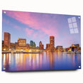 Acrylic print of Baltimore skyline in muted gray and blue tones, suitable for bedroom or dining room decor.