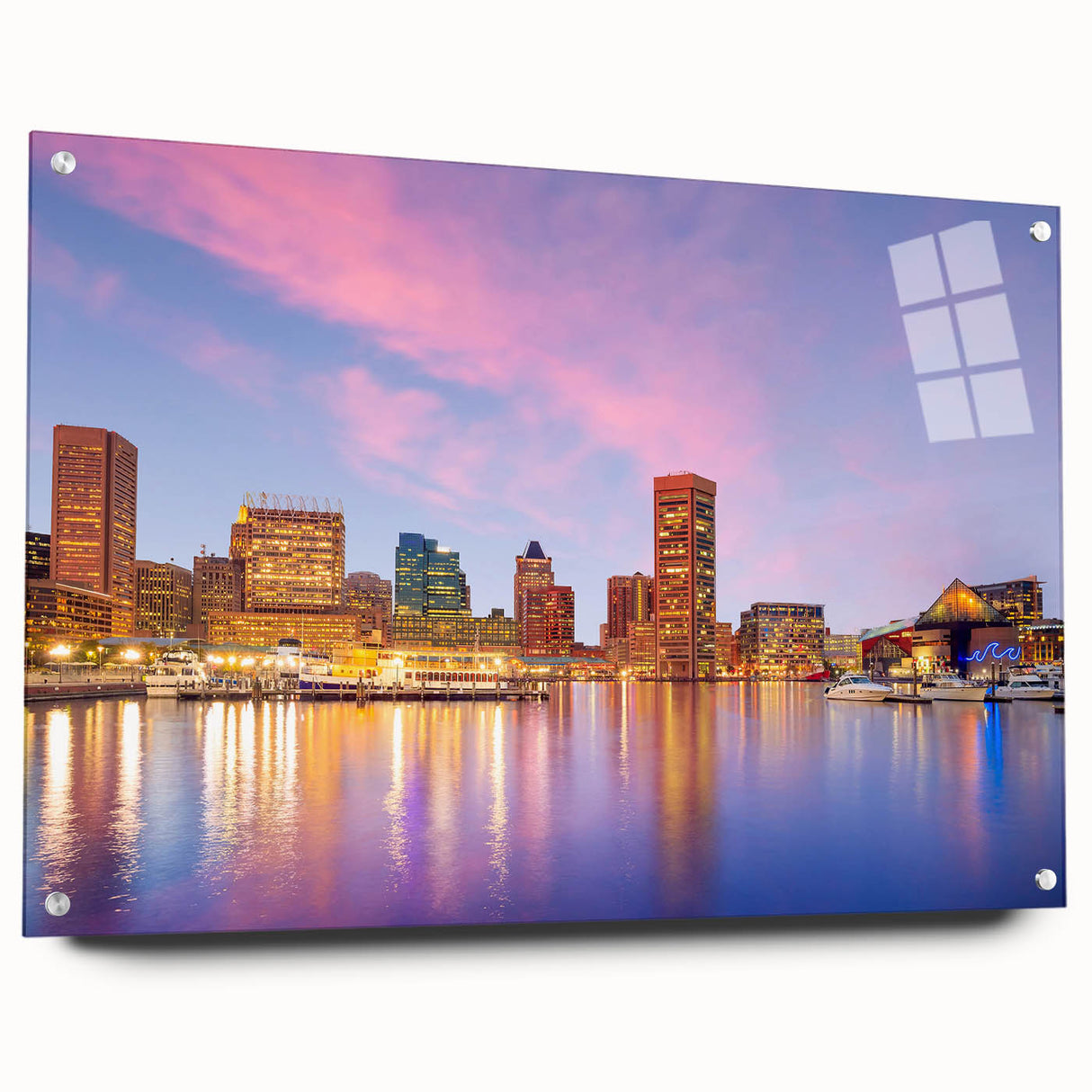 Acrylic print of Baltimore skyline in muted gray and blue tones, suitable for bedroom or dining room decor.