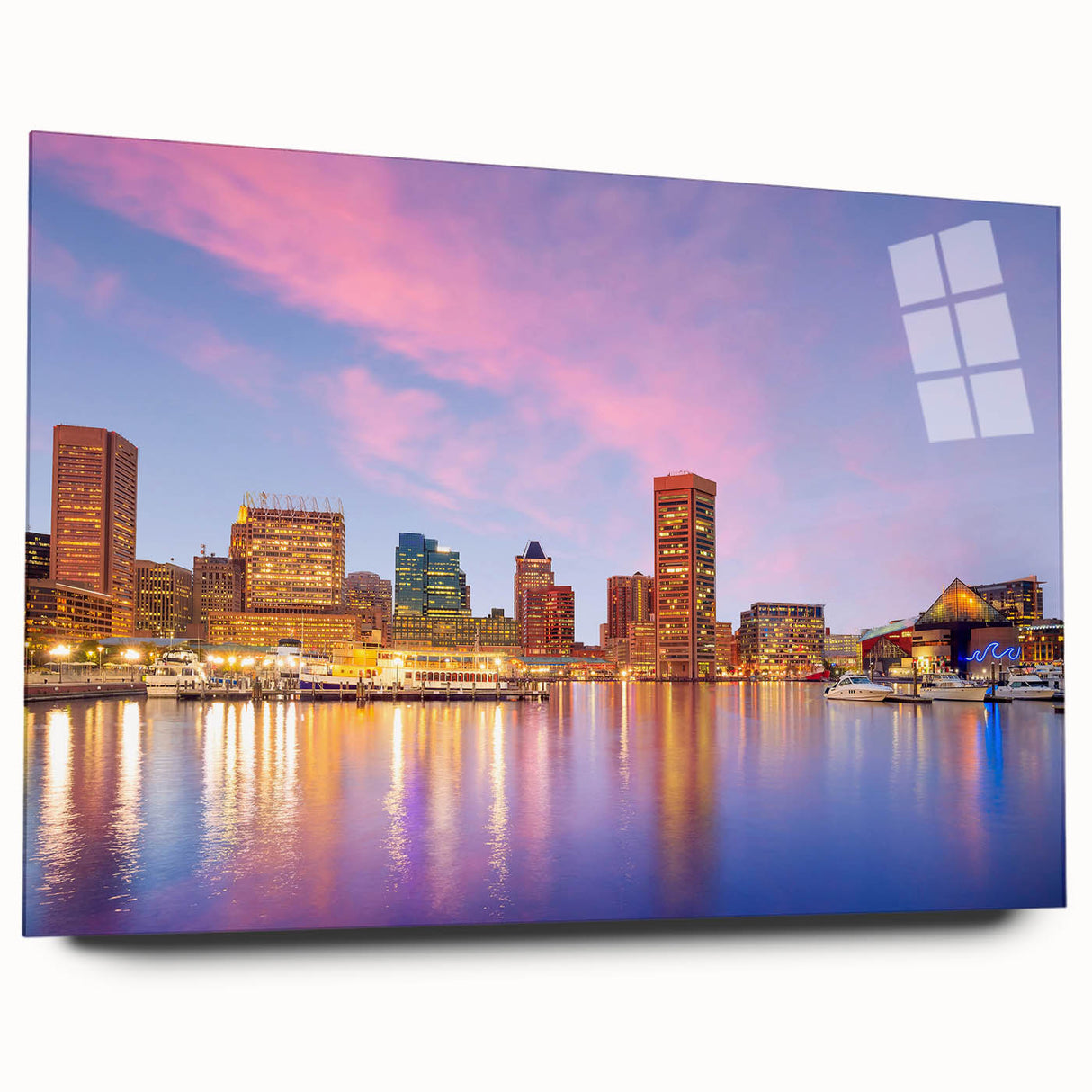 Acrylic print of a large abstract depiction of the Baltimore skyline in cool blue and gray tones.