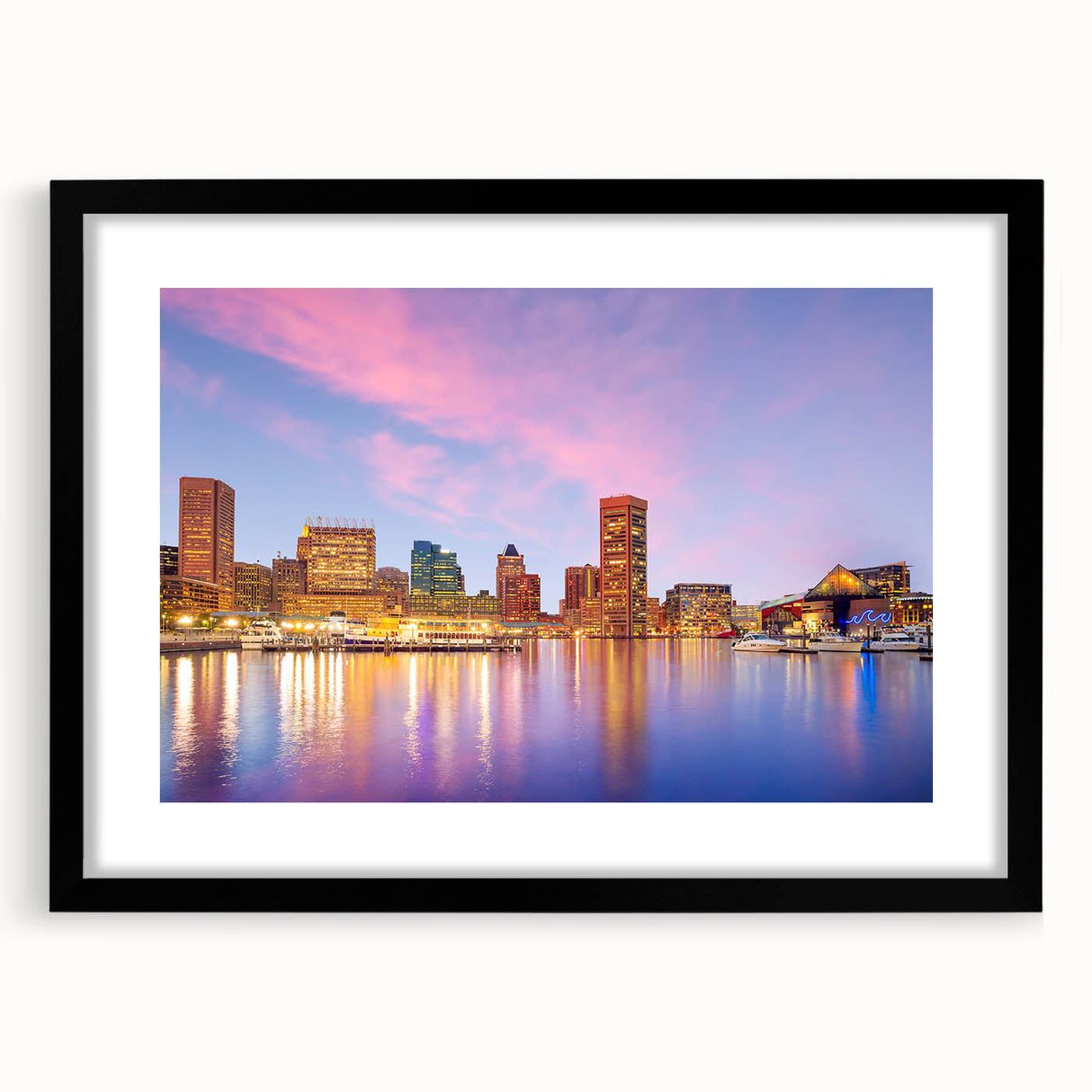 Extra large abstract art print of Baltimore scenery in vibrant colors on a textured canvas, framed in black.