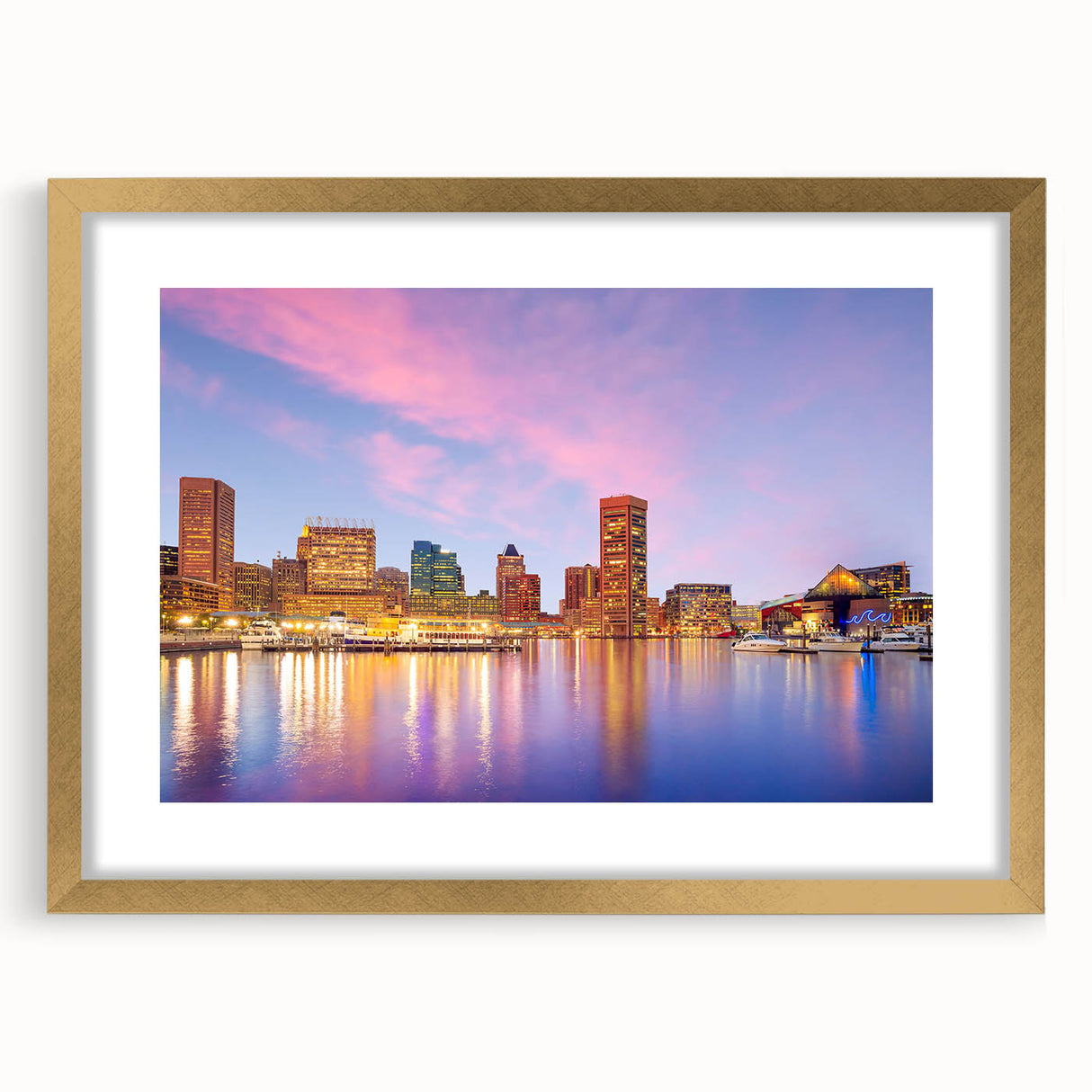 Extra large abstract art print of Baltimore skyline in textured gold frame, ideal for living room decor.