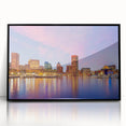 Large abstract wall art depicting Baltimore's skyline in muted grays and blues on a framed acrylic panel.