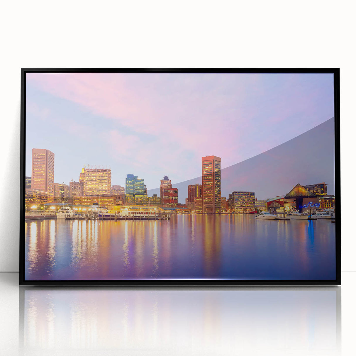 Large abstract wall art depicting Baltimore's skyline in muted grays and blues on a framed acrylic panel.