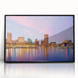 Large abstract wall art depicting Baltimore's skyline in muted grays and blues on a framed acrylic panel.